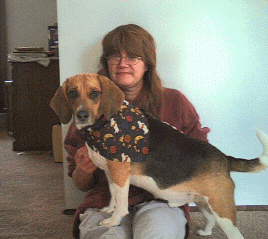 Woman with Beagle wearing neck bandana